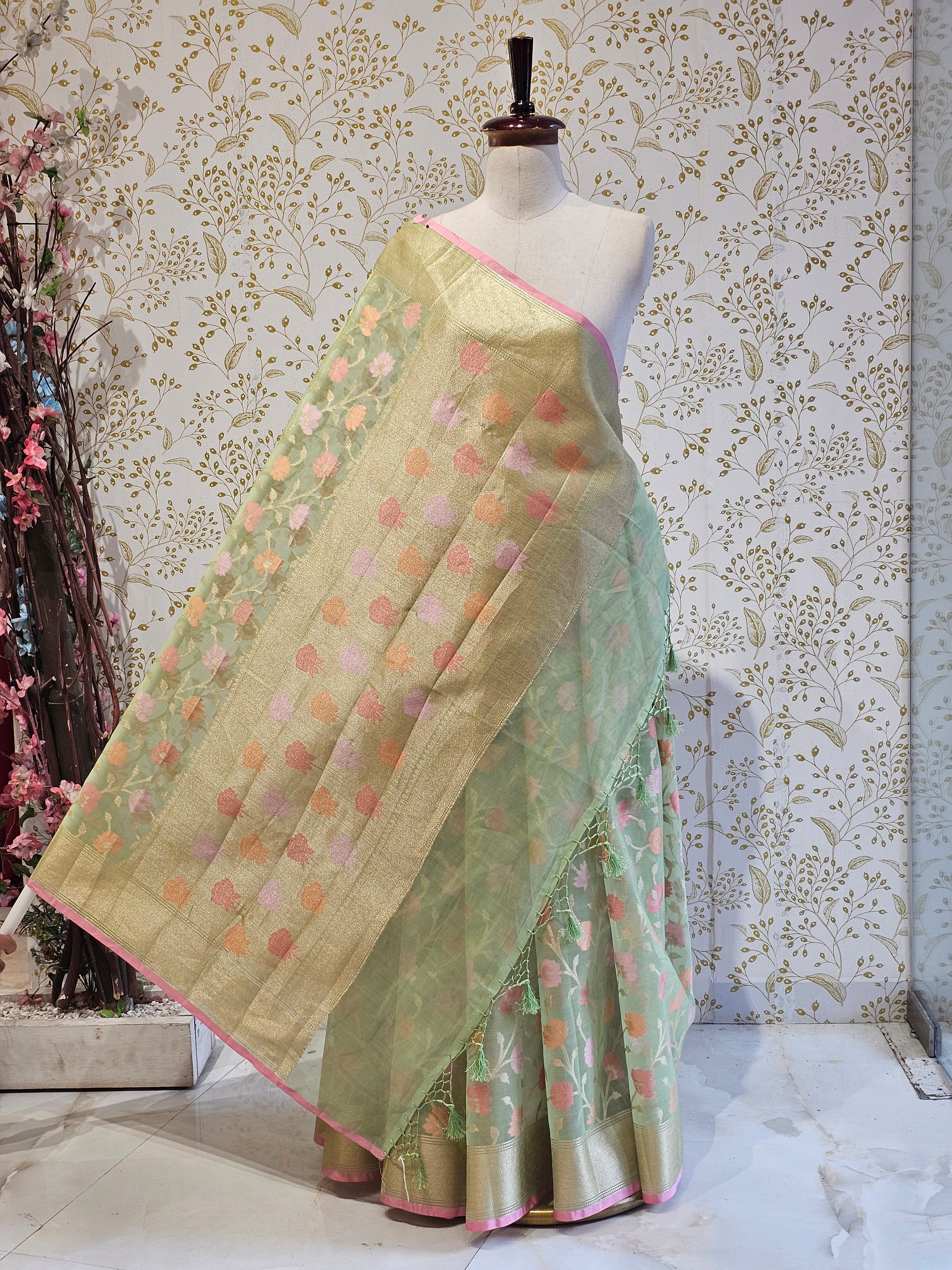 Banarasi Tissue Organza Saree Floral Resham & Zari Jaal with Meenakari Detailing