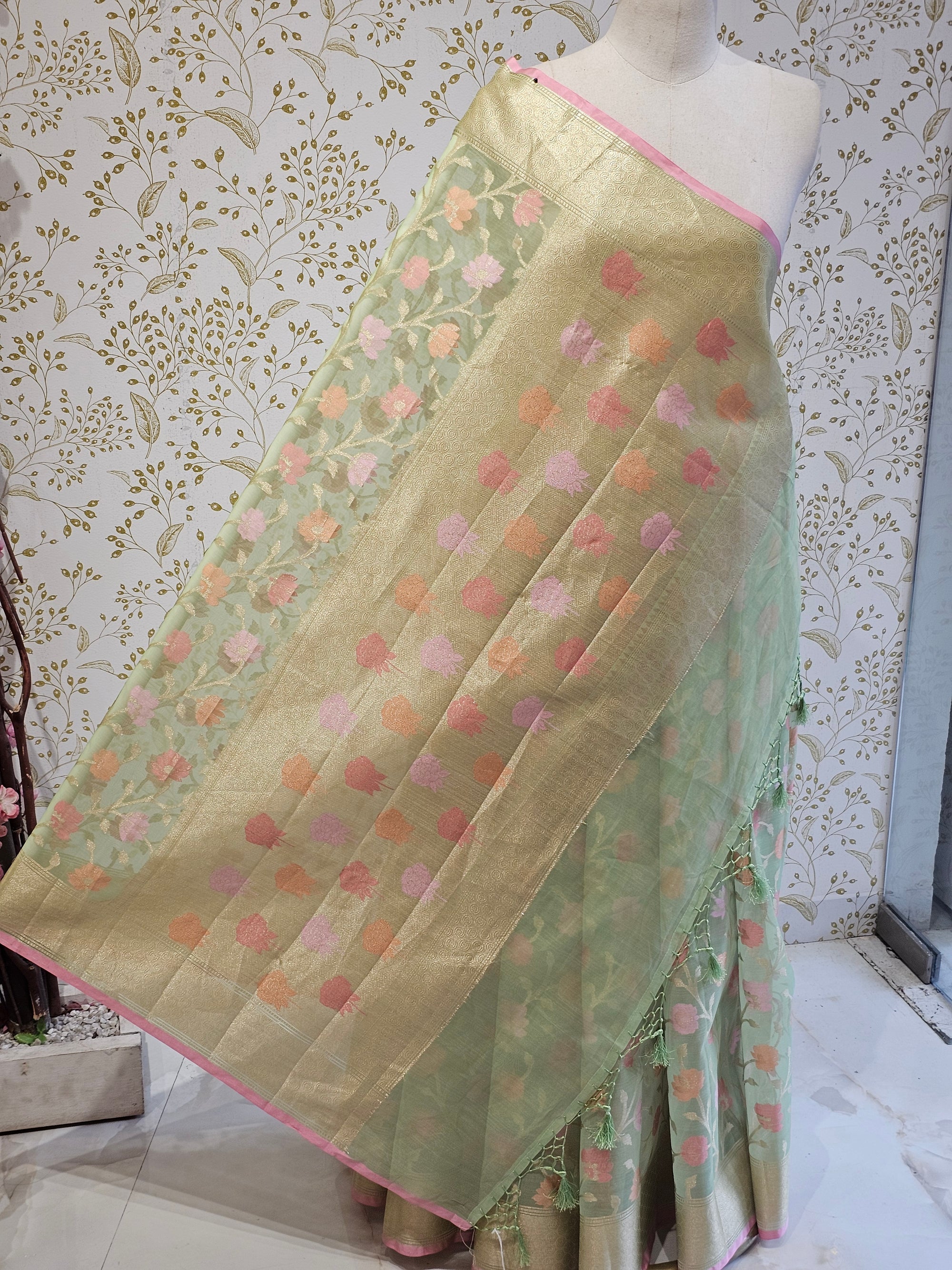 Banarasi Tissue Organza Saree Floral Resham & Zari Jaal with Meenakari Detailing
