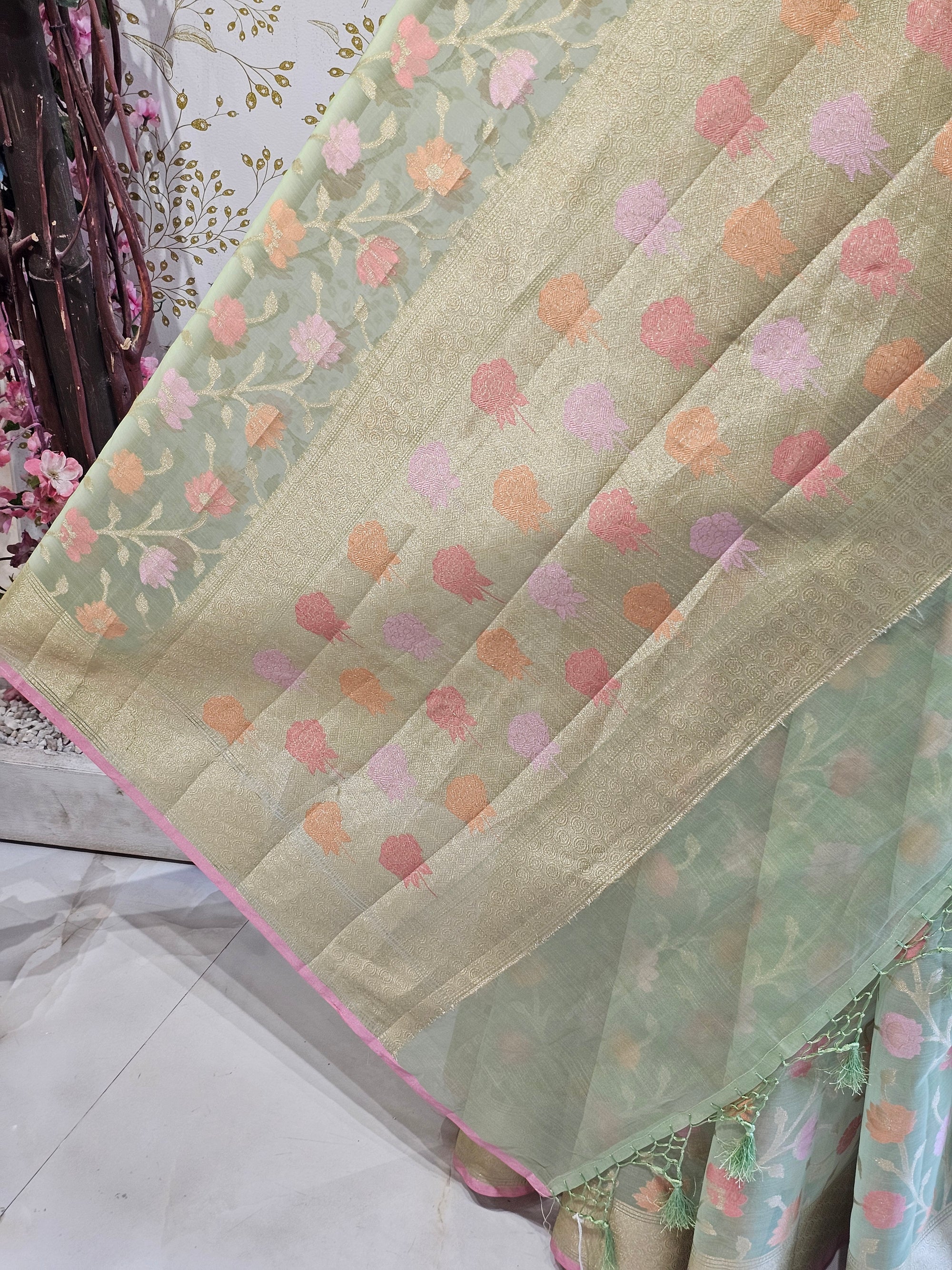 Banarasi Tissue Organza Saree Floral Resham & Zari Jaal with Meenakari Detailing