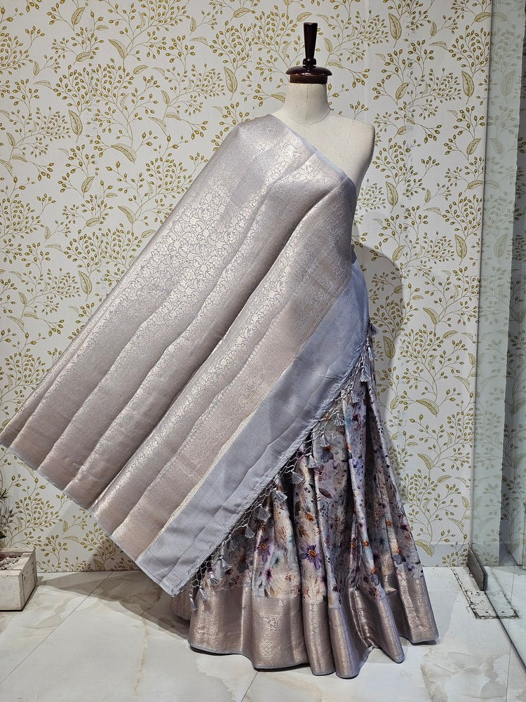 Printed Tussar Silk Saree Digital Floral Print with Silver Banarasi Border & Pallu