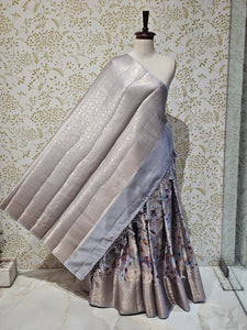Printed Tussar Silk Saree Digital Floral Print with Silver Banarasi Border & Pallu