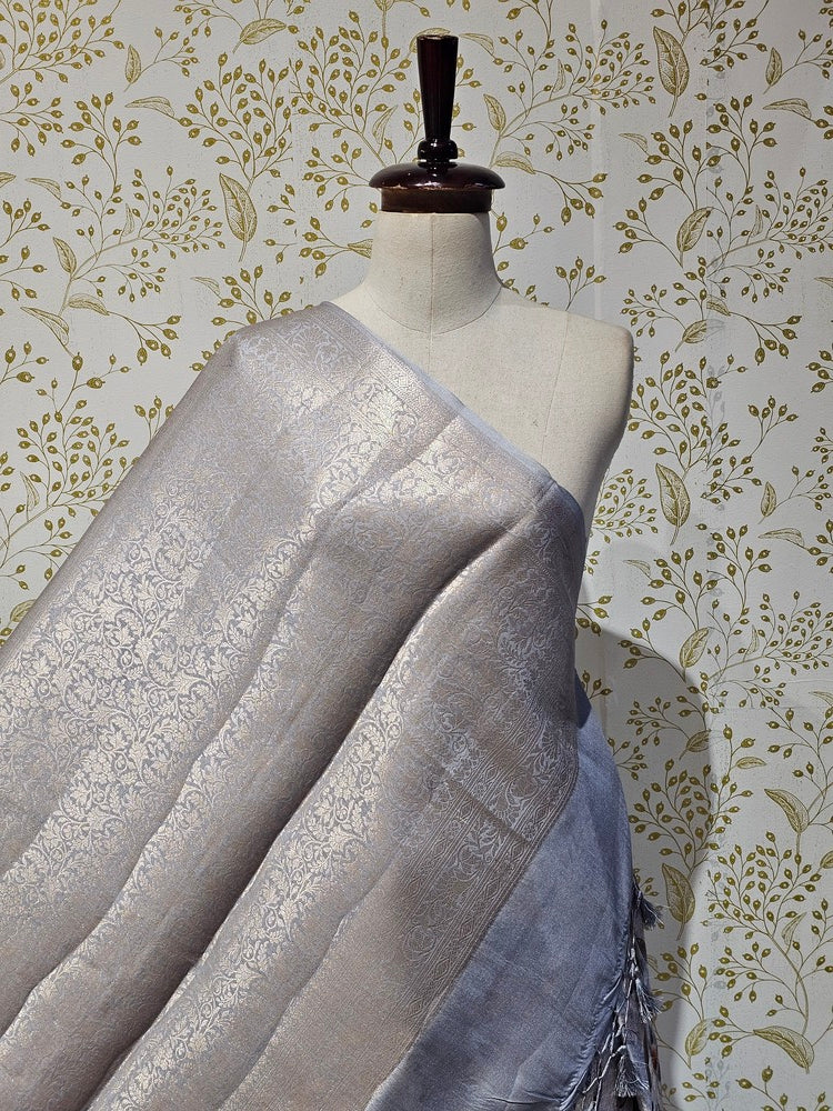 Printed Tussar Silk Saree Digital Floral Print with Silver Banarasi Border & Pallu
