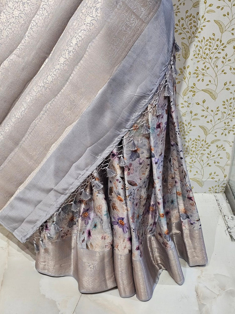 Printed Tussar Silk Saree Digital Floral Print with Silver Banarasi Border & Pallu