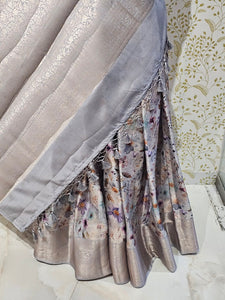 Printed Tussar Silk Saree Digital Floral Print with Silver Banarasi Border & Pallu