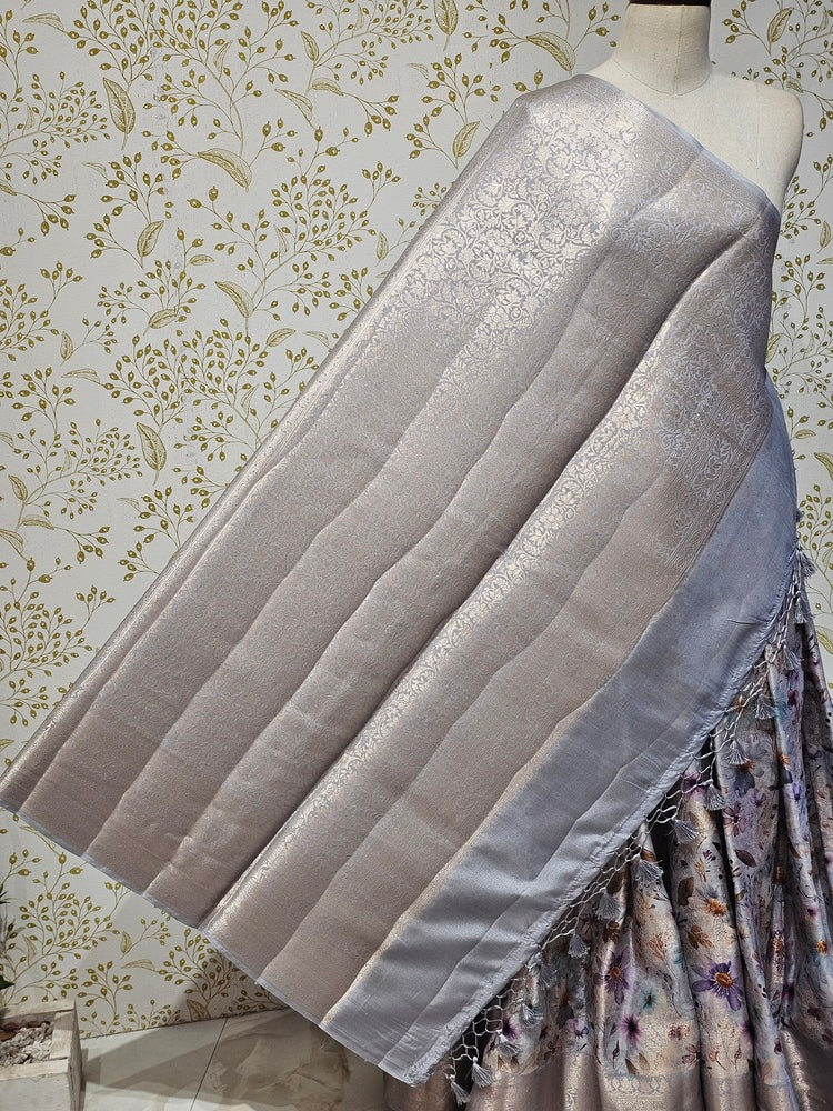 Printed Tussar Silk Saree Digital Floral Print with Silver Banarasi Border & Pallu