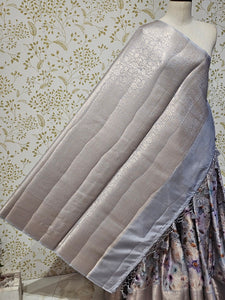Printed Tussar Silk Saree Digital Floral Print with Silver Banarasi Border & Pallu