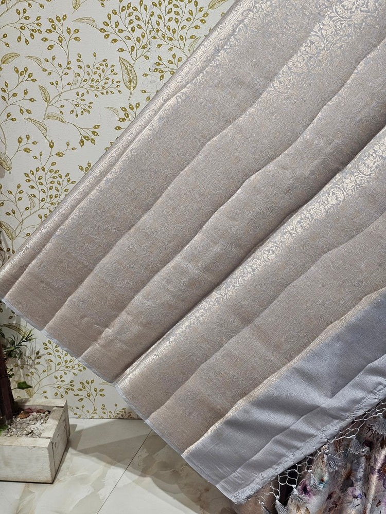 Printed Tussar Silk Saree Digital Floral Print with Silver Banarasi Border & Pallu