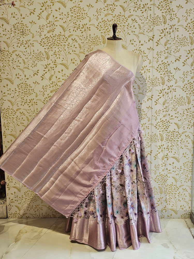 Printed Tussar Silk Saree Digital Floral Print with Silver Banarasi Border & Pallu