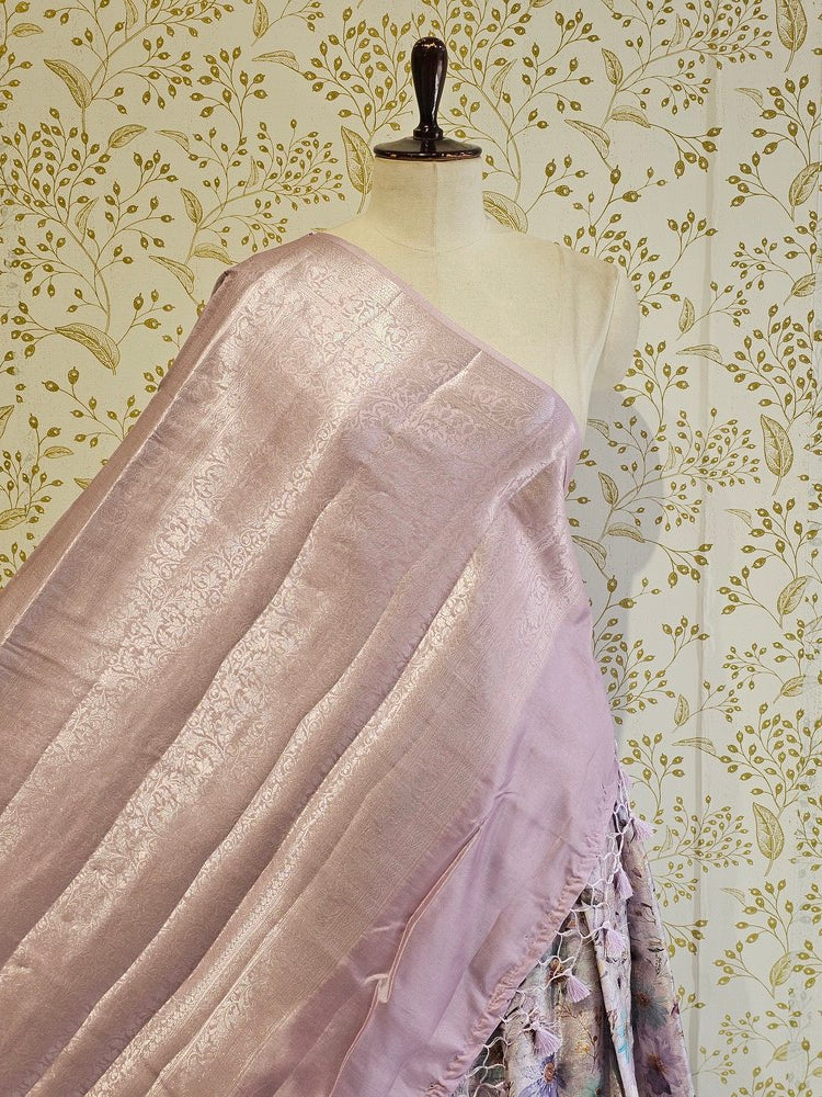 Printed Tussar Silk Saree Digital Floral Print with Silver Banarasi Border & Pallu