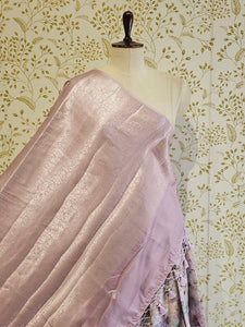 Printed Tussar Silk Saree Digital Floral Print with Silver Banarasi Border & Pallu