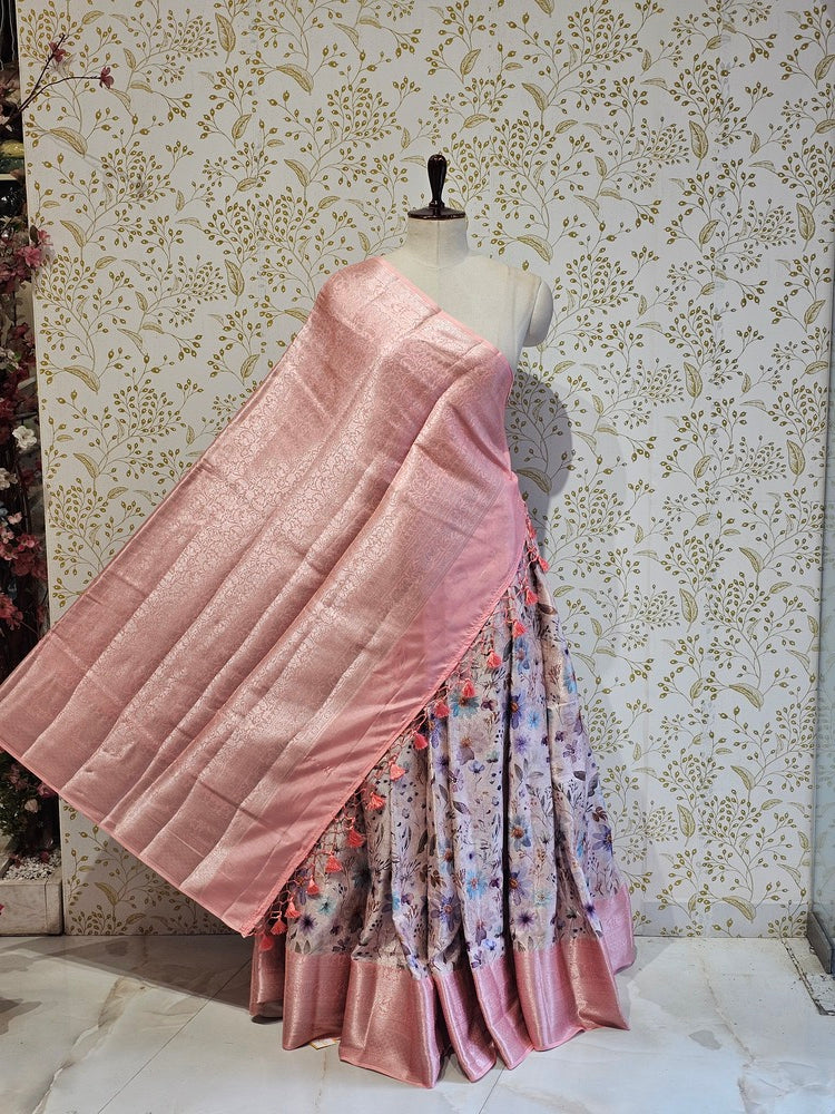 Printed Tussar Silk Saree Digital Floral Print with Silver Banarasi Border & Pallu