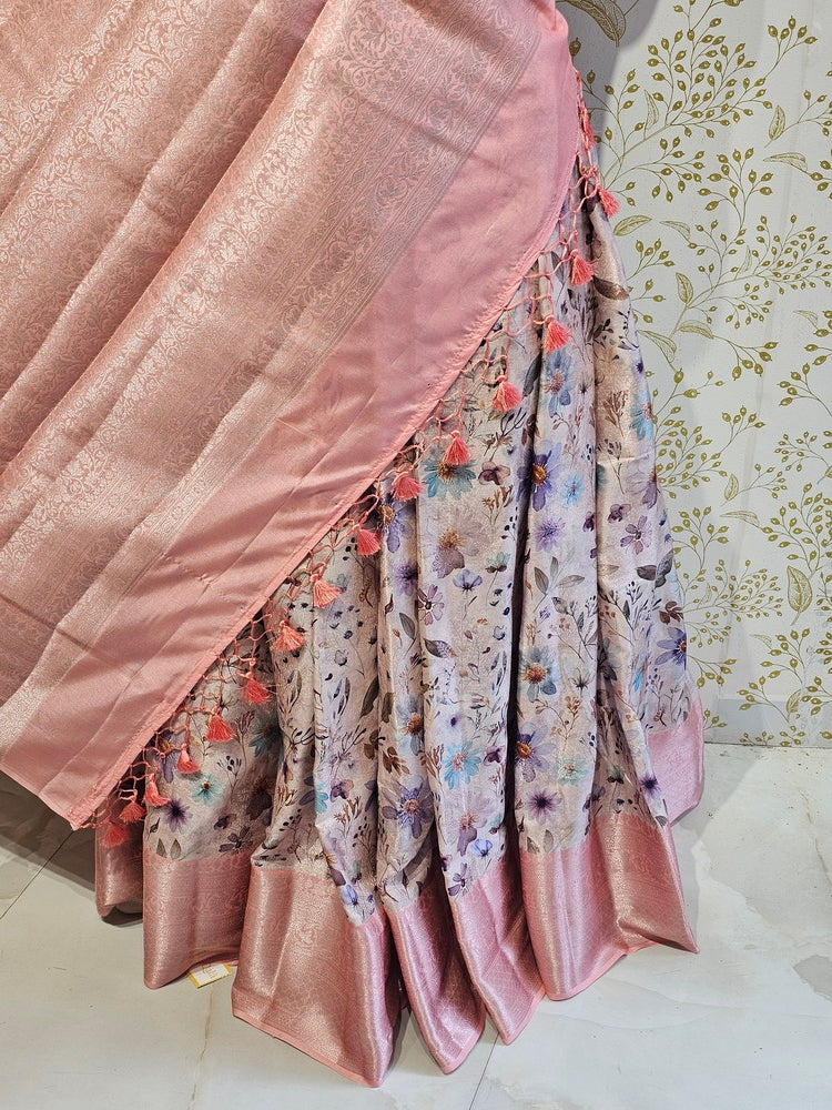 Printed Tussar Silk Saree Digital Floral Print with Silver Banarasi Border & Pallu
