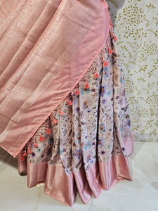 Printed Tussar Silk Saree Digital Floral Print with Silver Banarasi Border & Pallu