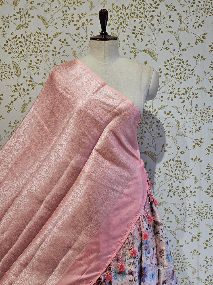 Printed Tussar Silk Saree Digital Floral Print with Silver Banarasi Border & Pallu
