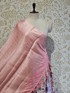 Printed Tussar Silk Saree Digital Floral Print with Silver Banarasi Border & Pallu