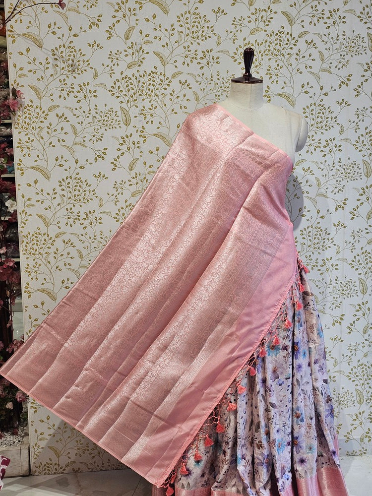 Printed Tussar Silk Saree Digital Floral Print with Silver Banarasi Border & Pallu