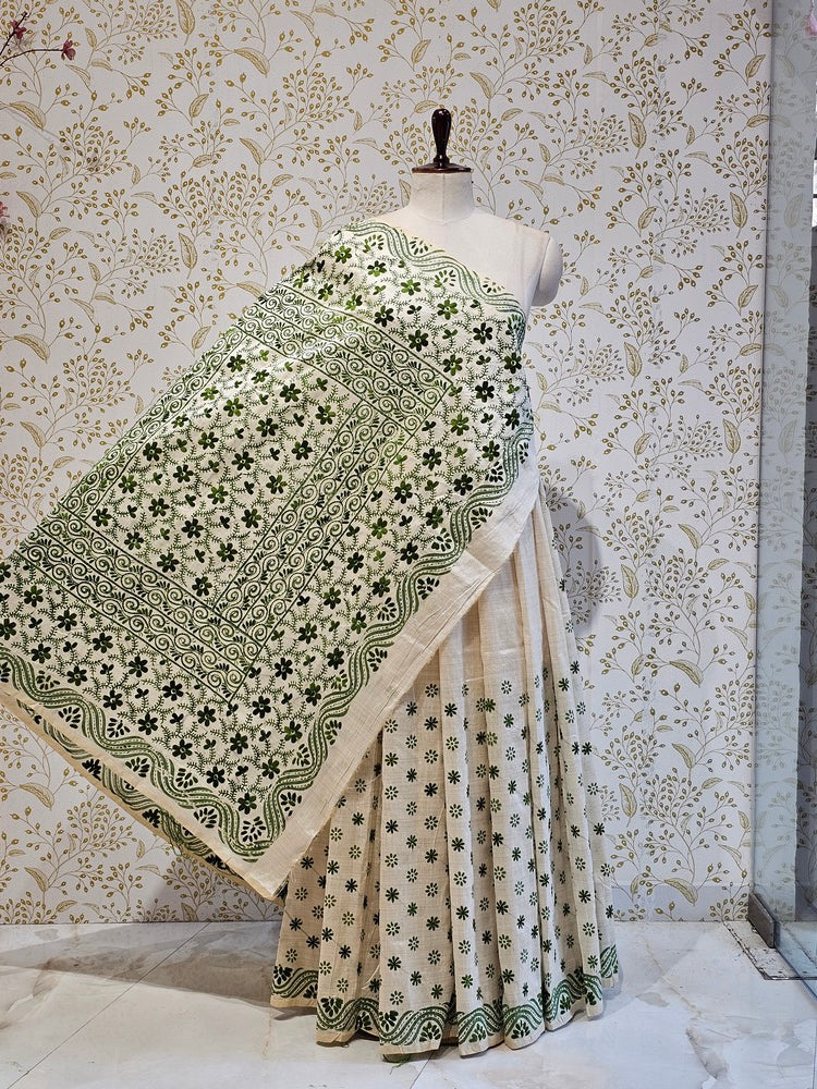 Tussar Silk Saree Kantha Work with Block Print & Designer Pallu
