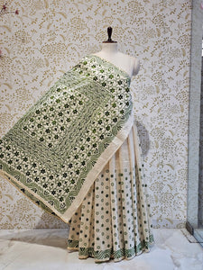 Tussar Silk Saree Kantha Work with Block Print & Designer Pallu