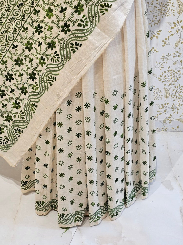 Tussar Silk Saree Kantha Work with Block Print & Designer Pallu