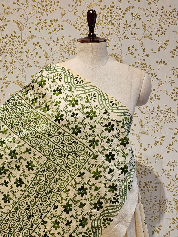 Tussar Silk Saree Kantha Work with Block Print & Designer Pallu
