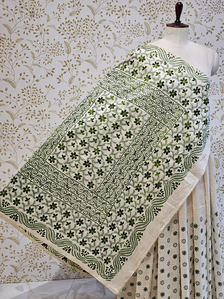 Tussar Silk Saree Kantha Work with Block Print & Designer Pallu