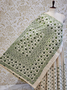 Tussar Silk Saree Kantha Work with Block Print & Designer Pallu