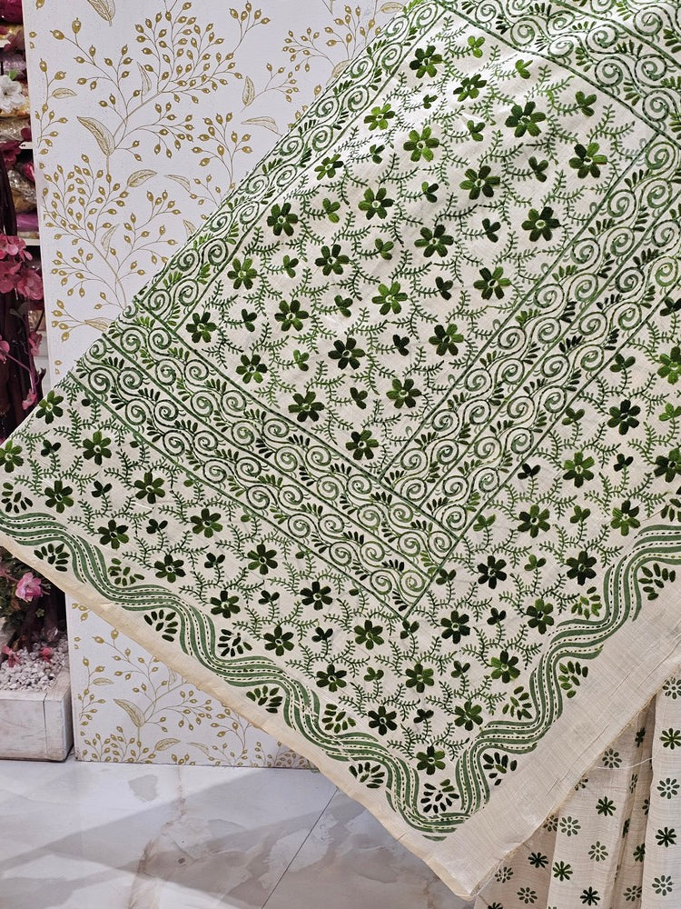 Tussar Silk Saree Kantha Work with Block Print & Designer Pallu