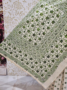 Tussar Silk Saree Kantha Work with Block Print & Designer Pallu