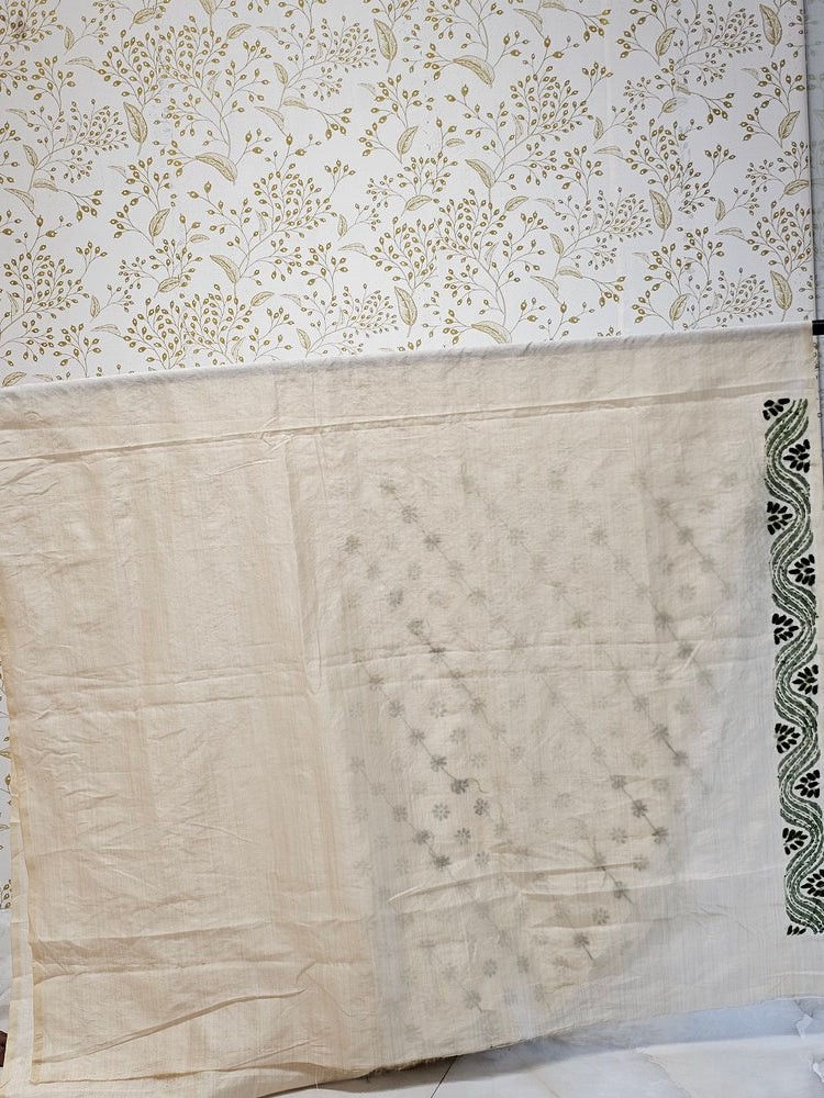 Tussar Silk Saree Kantha Work with Block Print & Designer Pallu