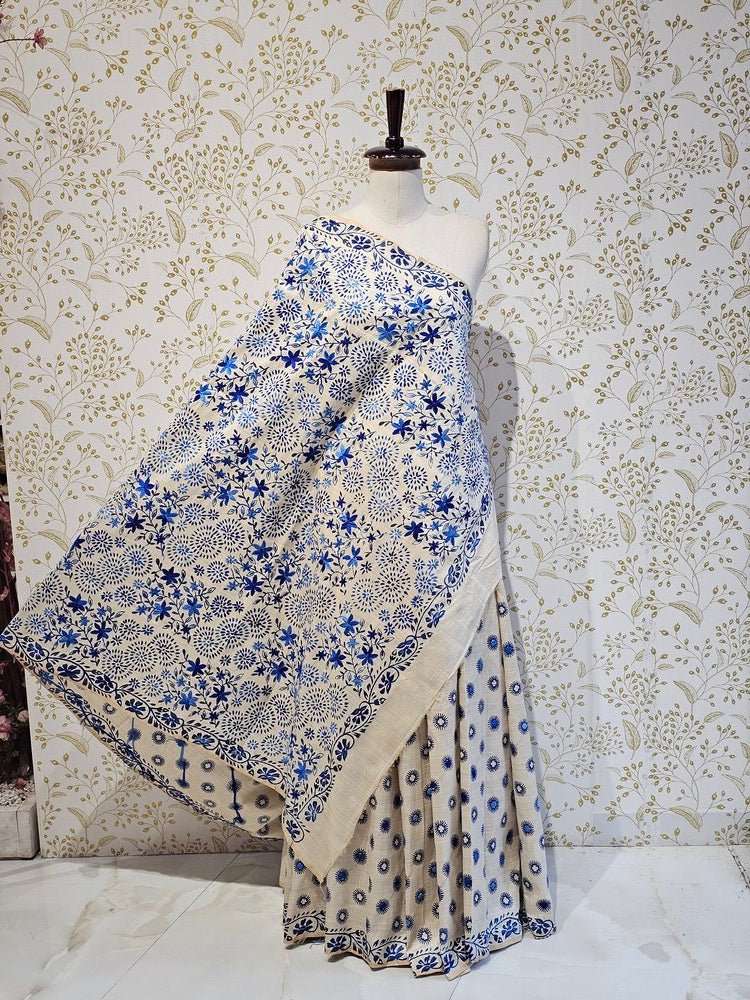 Tussar Silk Saree Kantha Work with Block Print & Designer Pallu