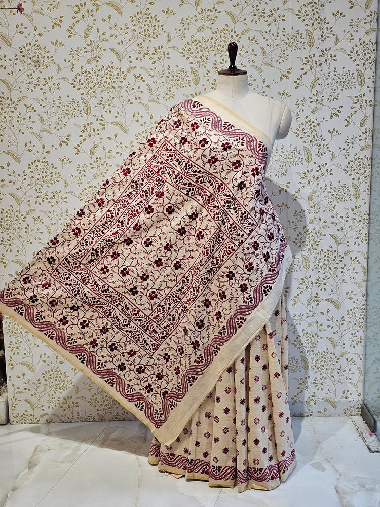 Tussar Silk Saree Kantha Work with Block Print & Designer Pallu
