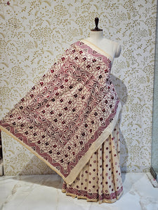 Tussar Silk Saree Kantha Work with Block Print & Designer Pallu