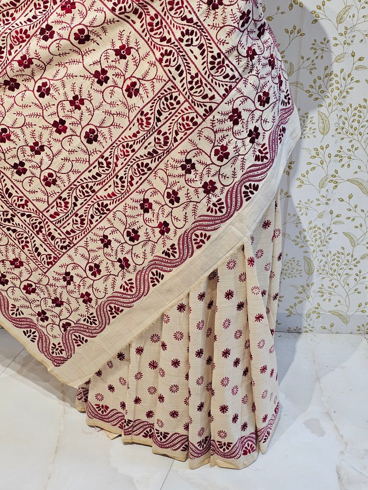Tussar Silk Saree Kantha Work with Block Print & Designer Pallu