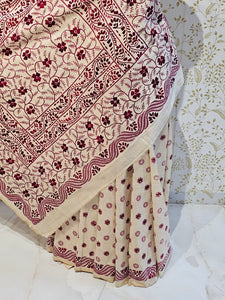 Tussar Silk Saree Kantha Work with Block Print & Designer Pallu