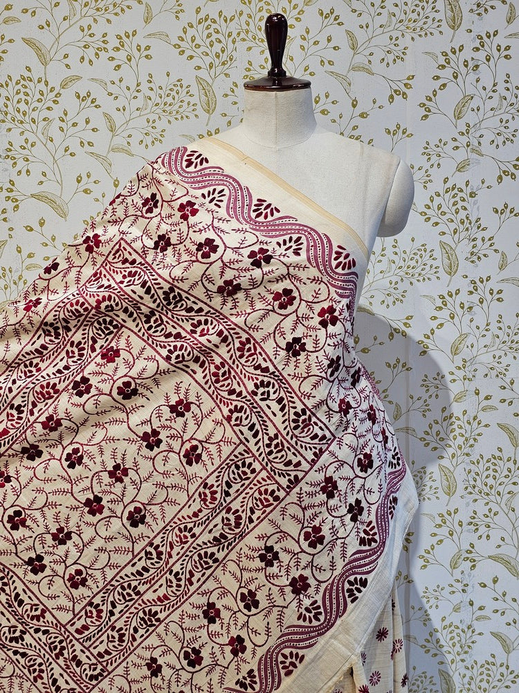 Tussar Silk Saree Kantha Work with Block Print & Designer Pallu