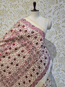 Tussar Silk Saree Kantha Work with Block Print & Designer Pallu