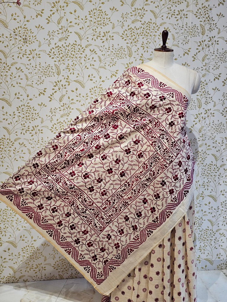 Tussar Silk Saree Kantha Work with Block Print & Designer Pallu