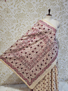 Tussar Silk Saree Kantha Work with Block Print & Designer Pallu