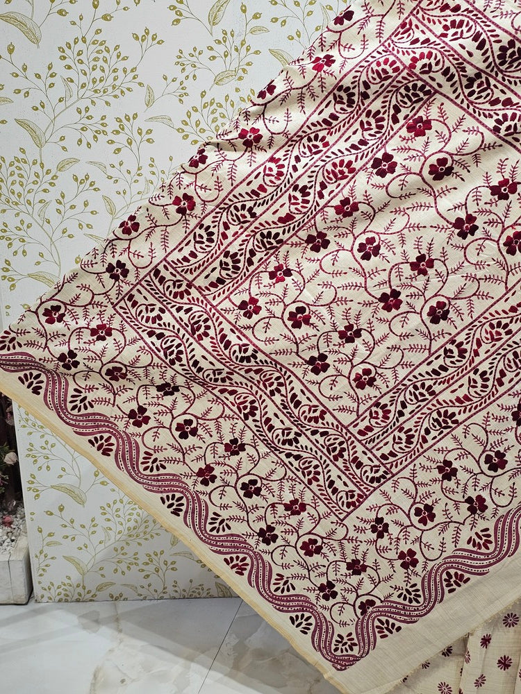 Tussar Silk Saree Kantha Work with Block Print & Designer Pallu