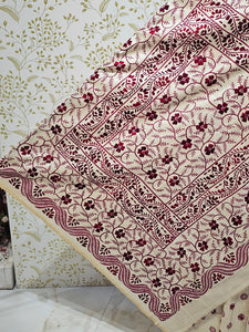 Tussar Silk Saree Kantha Work with Block Print & Designer Pallu