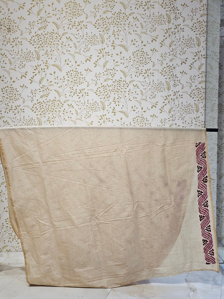 Tussar Silk Saree Kantha Work with Block Print & Designer Pallu