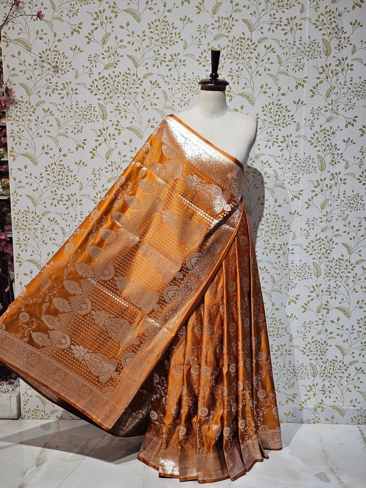 Satin Banarasi Silk Saree  Golden Jaal Work with Jari Brocade Pallu