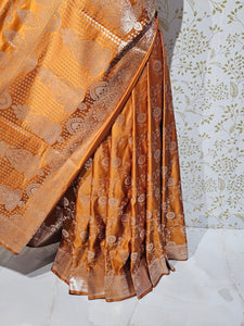 Satin Banarasi Silk Saree  Golden Jaal Work with Jari Brocade Pallu