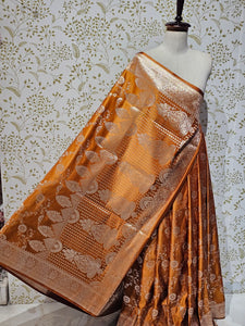 Satin Banarasi Silk Saree  Golden Jaal Work with Jari Brocade Pallu