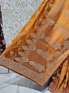 Satin Banarasi Silk Saree  Golden Jaal Work with Jari Brocade Pallu