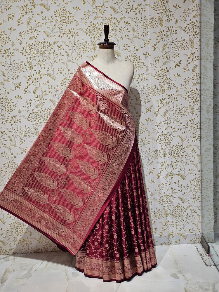 Satin Banarasi Silk Saree  Medium Jaal Work with Golden Jari Brocade Pallu