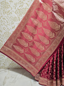 Satin Banarasi Silk Saree  Medium Jaal Work with Golden Jari Brocade Pallu