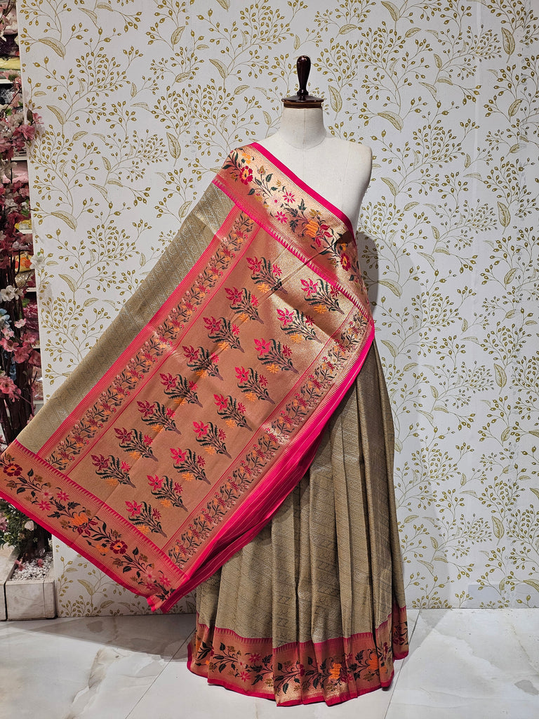 Banarasi Brocade Saree Tissue Silk with Multicolor Floral Border & Rich Pallu