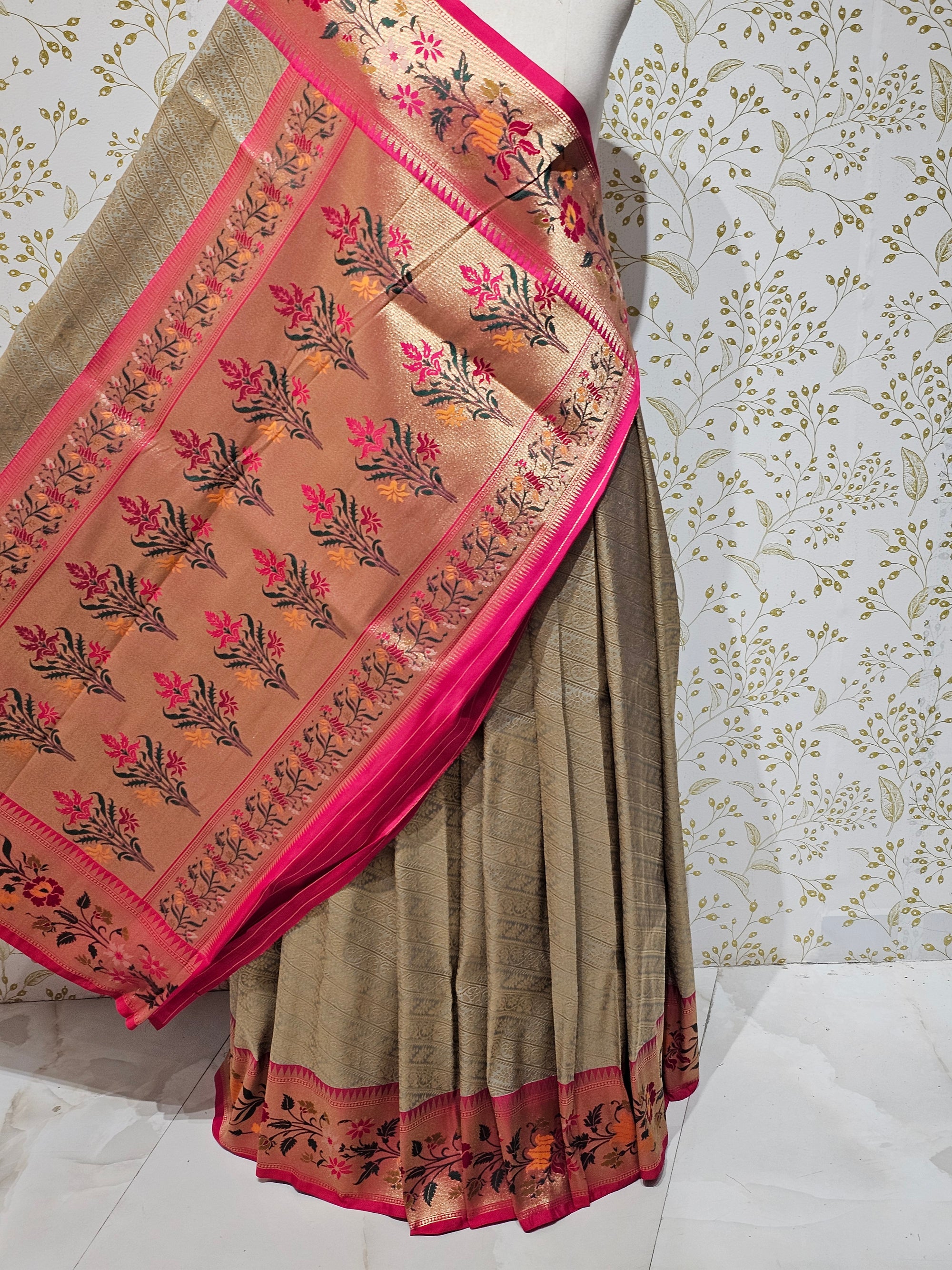 Banarasi Brocade Saree Tissue Silk with Multicolor Floral Border & Rich Pallu