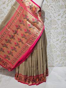 Banarasi Brocade Saree Tissue Silk with Multicolor Floral Border & Rich Pallu